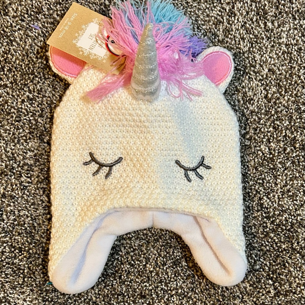 🔥NWT Infant Hat & Mitten Set - Adorable Unicorn Knit Hat w/Silver Horn, 9-18M